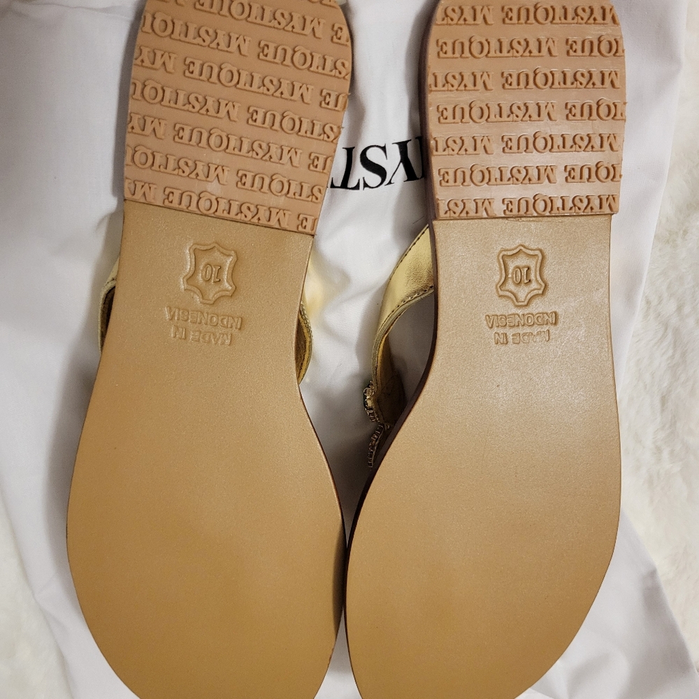 Mystique Boutique Gold T-Strap Sandals with Multicolor Gem Accents Size 10 - Picture 4 of 5